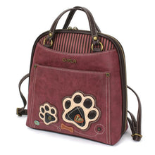 Load image into Gallery viewer, Convertible Backpack Burgundy Paw Print

